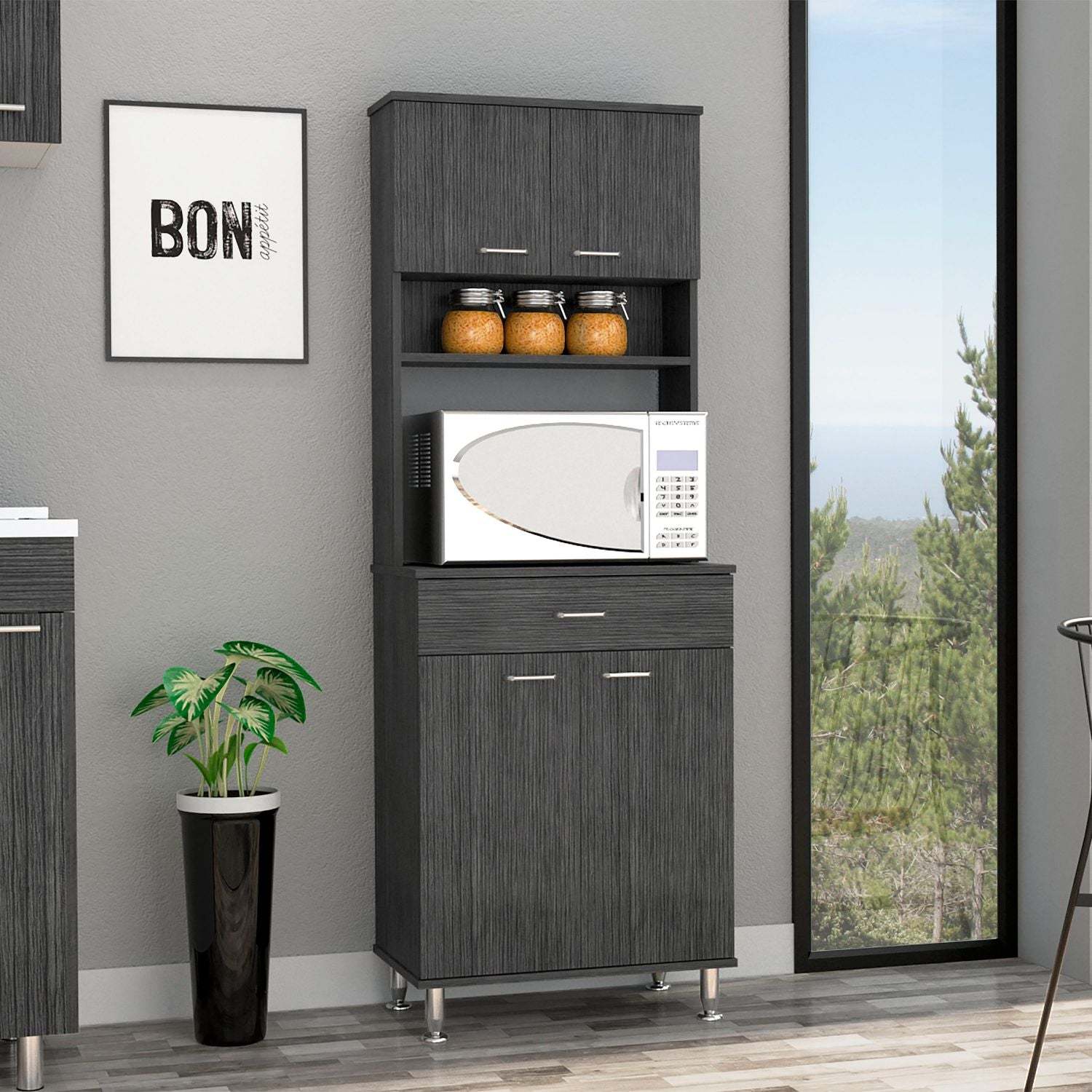 Depot E Shop Helis 60 Pantry Double Door Cabinet, One Drawer, Four Legs, Three Shelvessmokey Oak Gray Particle Board Particle Board