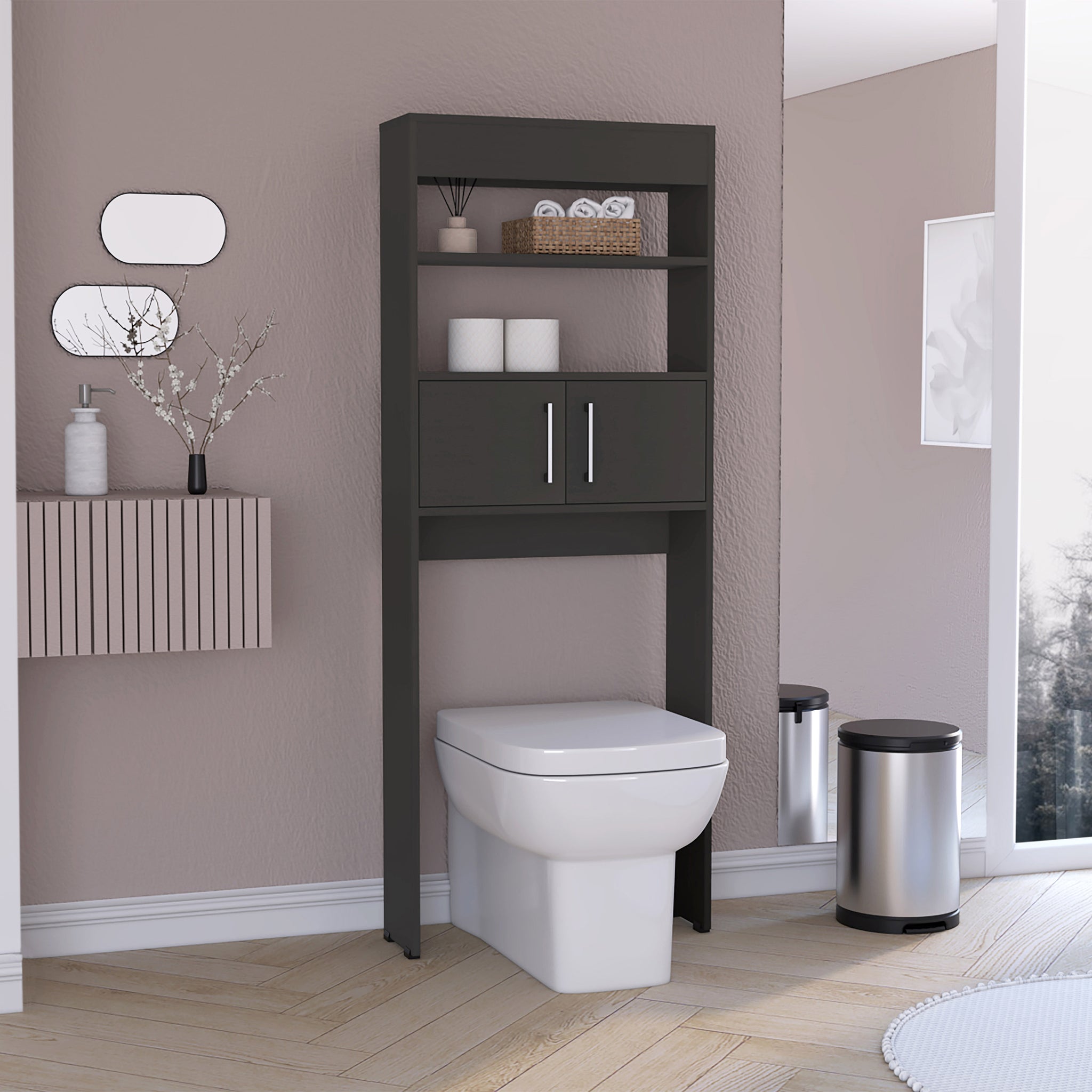 Madrid Over The Toilet Cabinet, Double Door, Two Shelves Black Black Particle Board Particle Board