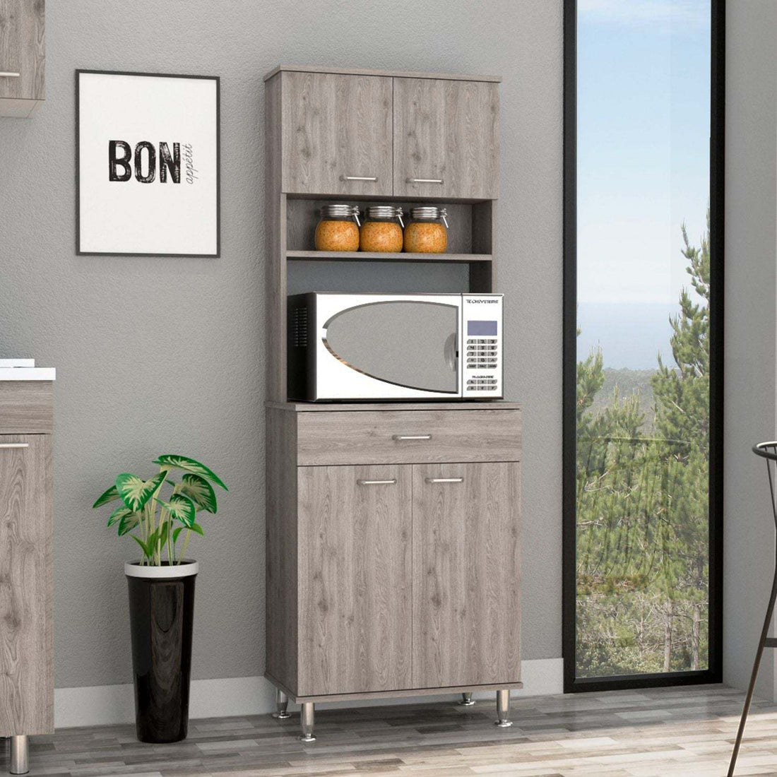 Pantry Cabinet 67" H, Four Doors, One Drawer, Three Internal Shelves, 2 External Storage Shelves, Microwave Storage Option, Four Legs, Light Gray Gray Particle Board Particle Board