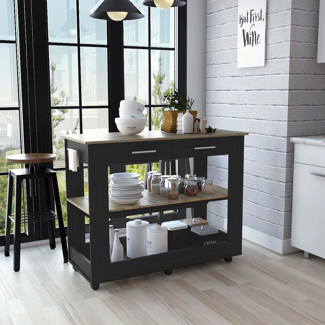 Kitchen Island 36" H, Six Casters, Two Drawers, Two Open Storage Shelves, Towel Hanger, Black Light Oak Multicolor Particle Board Particle Board