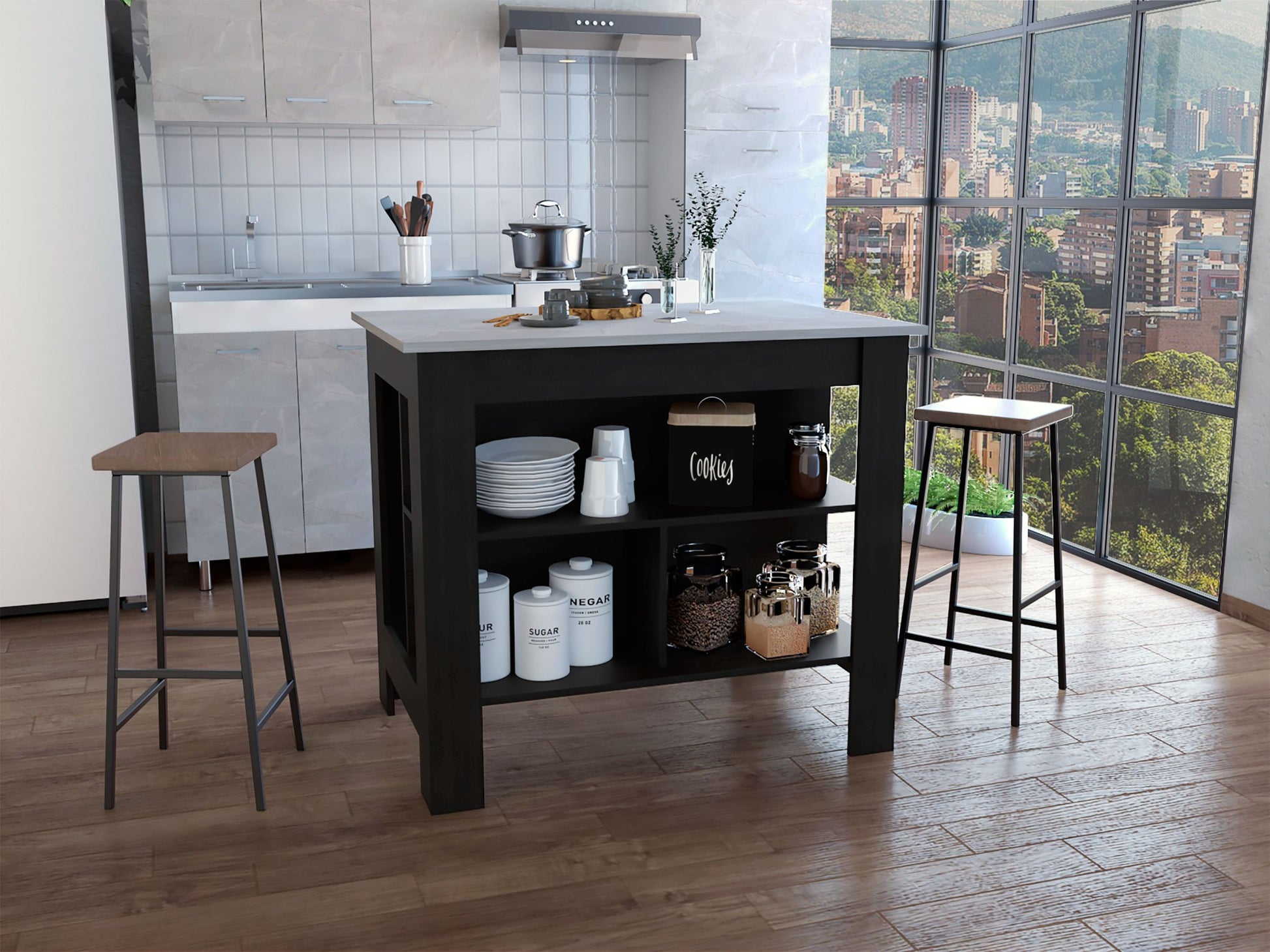 Kitchen Island, Kitchen Table 35" H, Four Legs, Three Open Storage Shelves, Black Ibiza Marble Multicolor Particle Board Particle Board