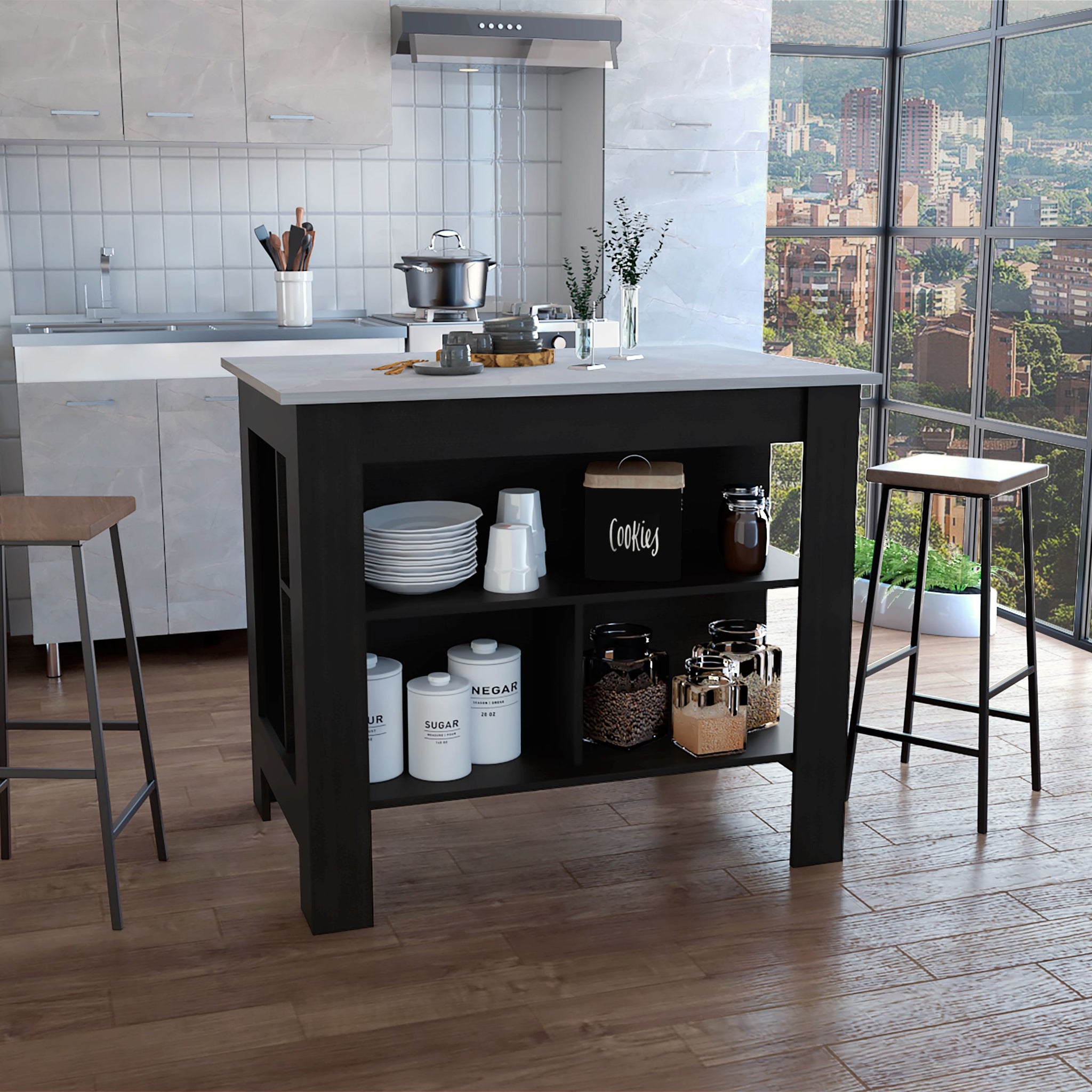 Kitchen Island, Kitchen Table 35" H, Four Legs, Three Open Storage Shelves, Black Ibiza Marble Multicolor Particle Board Particle Board