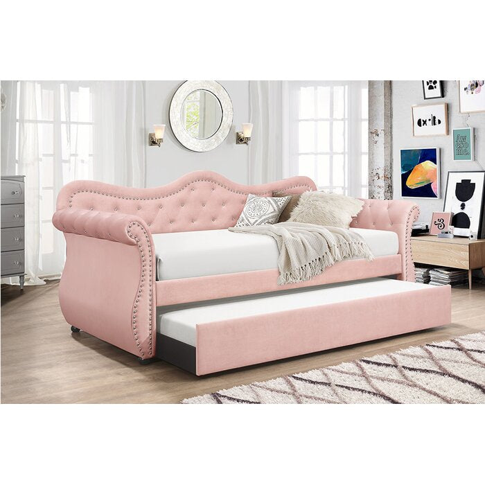 Galaxy Home Abby Upholstered Velvet Wood Daybed With Trundle In Pink Box Spring Not Required Pink Wood Primary Living Space Contemporary,Modern Solid Wood Mdf Velvet Wood