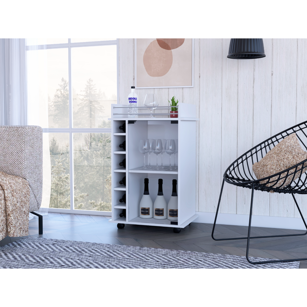 32" H White Bar Coffee Cart, Kitchen Or Living Room Cabinet Storage With With 4 Wheels, With 6 Bottle Racks, A Central Shelf Covered By 1 Glass Door, 1 Support Surface With Aluminum Front. White
