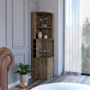 71" H Light Dark Brown Bar Cabinet, With Two Shelves At The Top, 1 Glass Holder, 8 Exterior Bottle Racks, 1 Central Shelf And A Lower Drawer With 2 Side Doors Brown Particle Board Particle Board