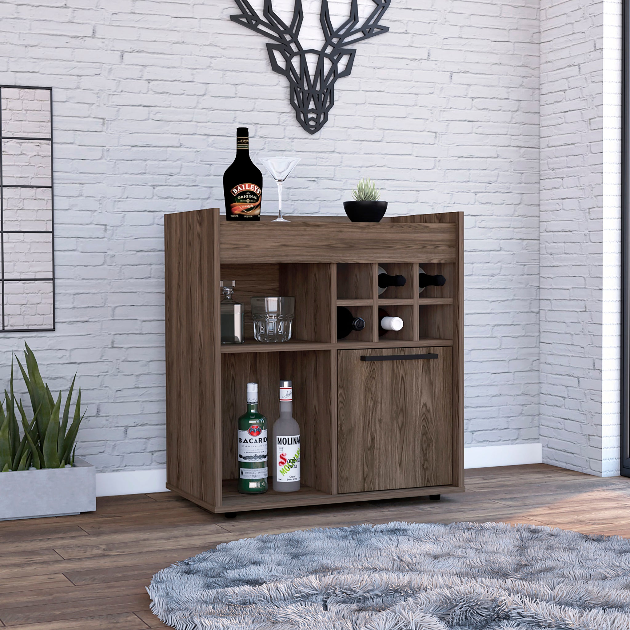 Lyon Bar Cabinet, Six Cubbies, Cabinet With Divisions, Two Concealed Shelves Dark Walnut Brown Particle Board Particle Board