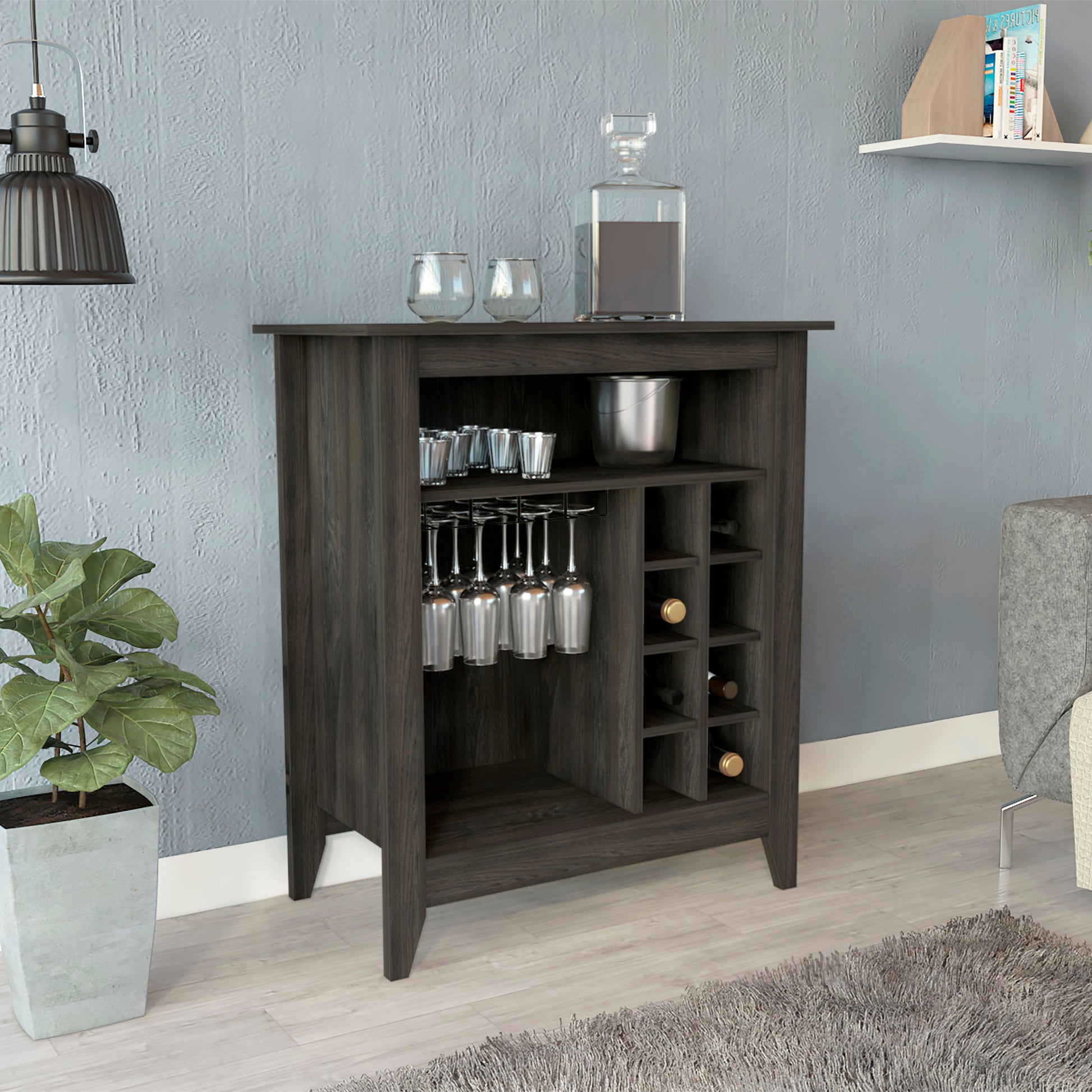 Essential Bar Cabinet, One Open Shelf, Six Built In Wine Rack, One Drawer Espresso Brown Particle Board Particle Board