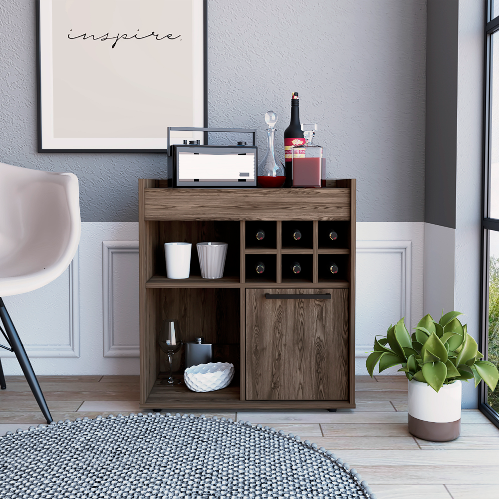 29" H Dark Walnut Bar Coffee Cart, Kitchen Or Living Room Cabinet Storage, With 6 Bottle Racks, A Central Shelf Covered By 1 Wood Door, Ideal For Storing Glasses And Snacks Brown Particle Board Particle Board