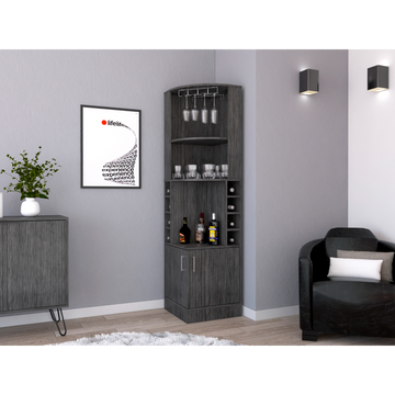Corner Bar Cabinet 71" Hwith Two Shelves At The Top, 1 Glass Holder, 8 Exterior Bottle Racks, 1 Central Shelf And A Lower Drawer With 2 Side Doors, Smoke Oak Gray Particle Board Particle Board