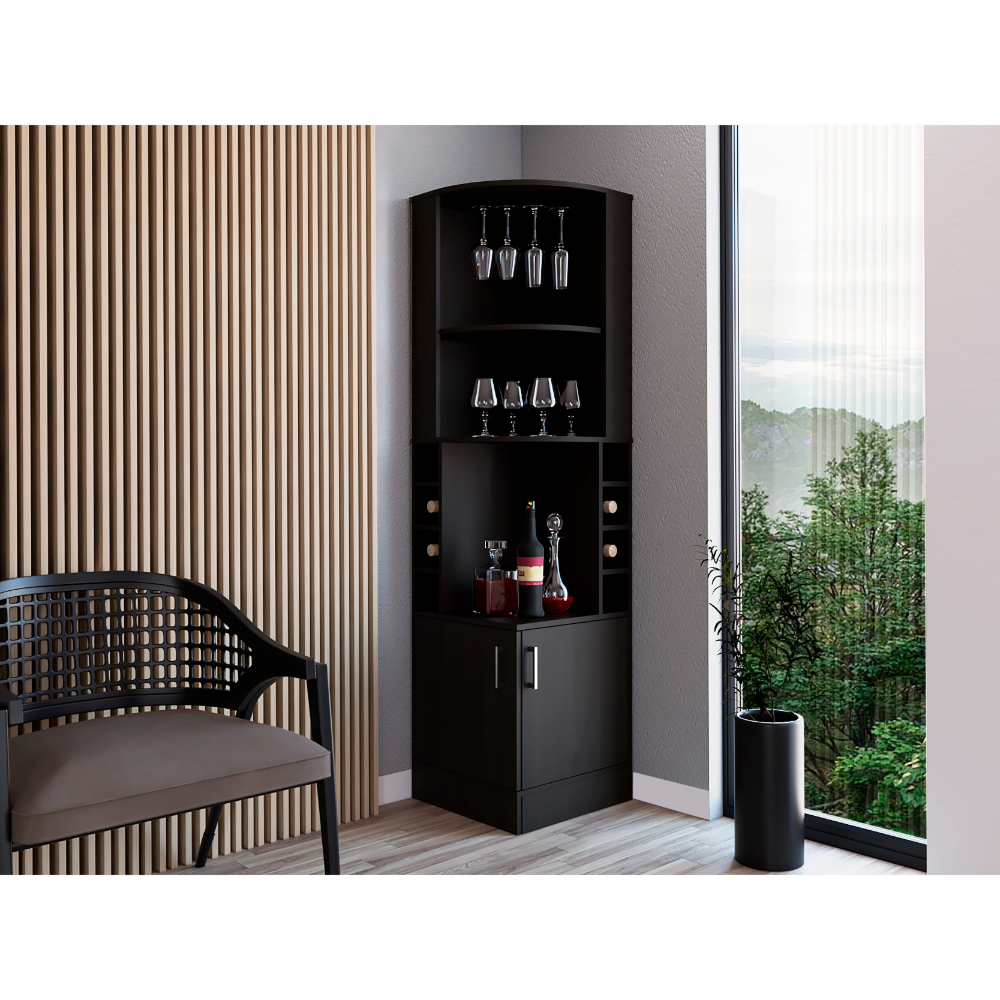 71" H Black Corner Bar Cabinet, With Two Shelves At The Top, 1 Glass Holder, 8 Exterior Bottle Racks, 1 Central Shelf And A Lower Drawer With 2 Side Doors Black Particle Board Particle Board