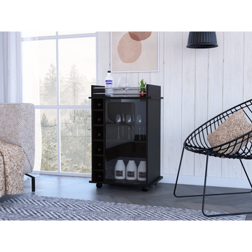 32" H Black Bar Coffee Cart, Kitchen Or Living Room Cabinet Storage With With 4 Wheels, With 6 Bottle Racks, A Central Shelf Covered By 1 Glass Door, 1 Support Surface With Aluminum Front. Black Particle Board Particle Board