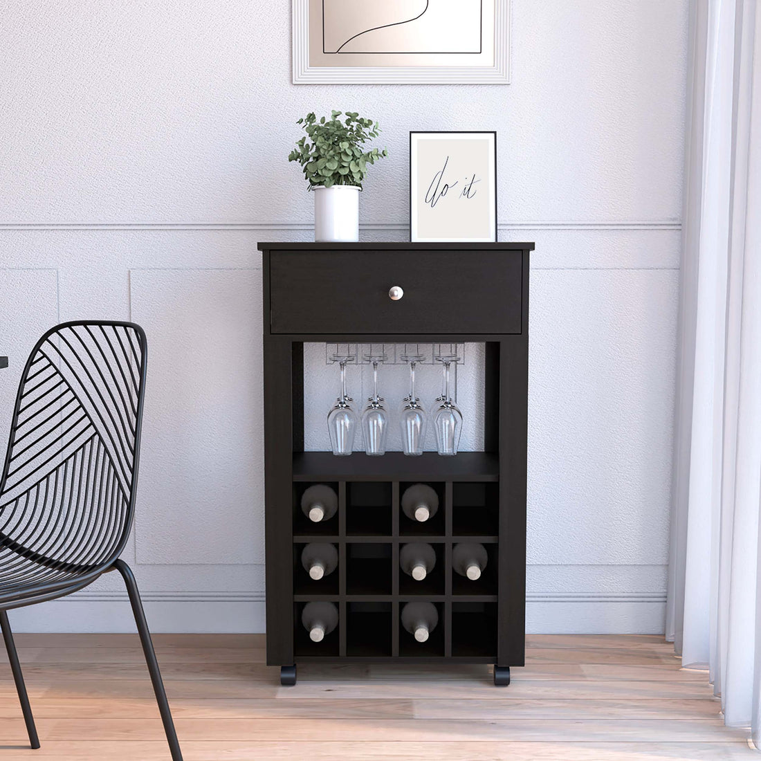 39" H Black Bar Coffee Cart, Kitchen Or Living Room Cabinet Storage, With 12 Bottle Racks, A Central Shelf With 1 Cup Holders, 1 Drawer Ideal For Storing Small Things Black Particle Board Particle Board