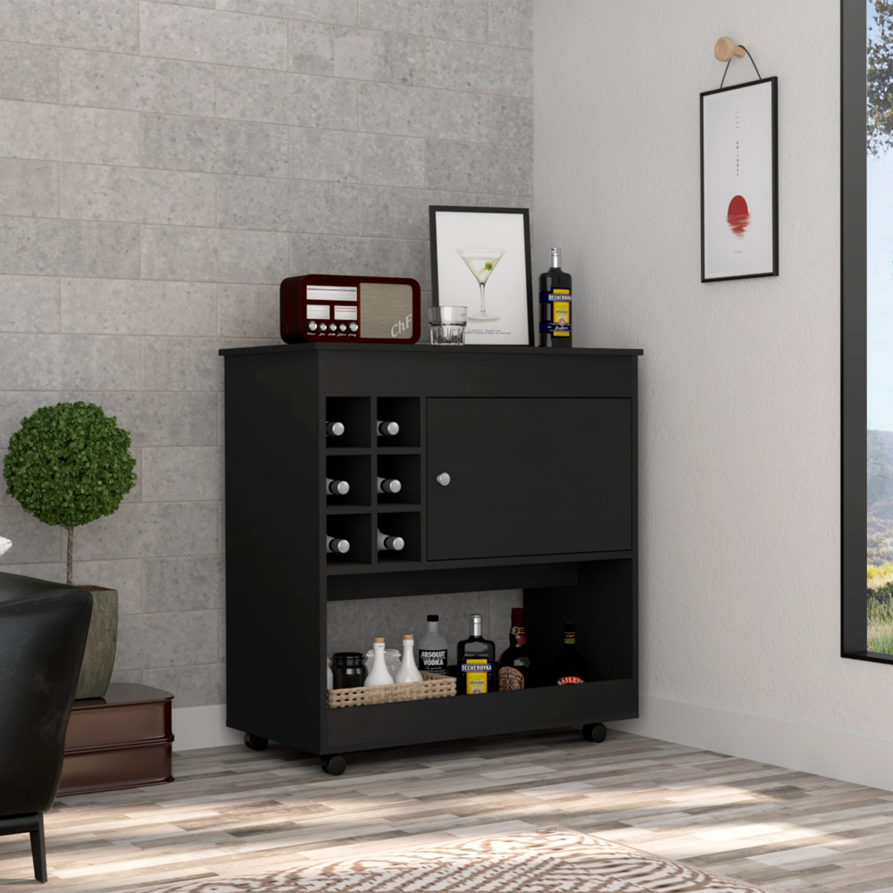 Lotus Bar Cart, Six Bottle Cubbies, One Cabinet, Four Casters, Black Black Particle Board Particle Board