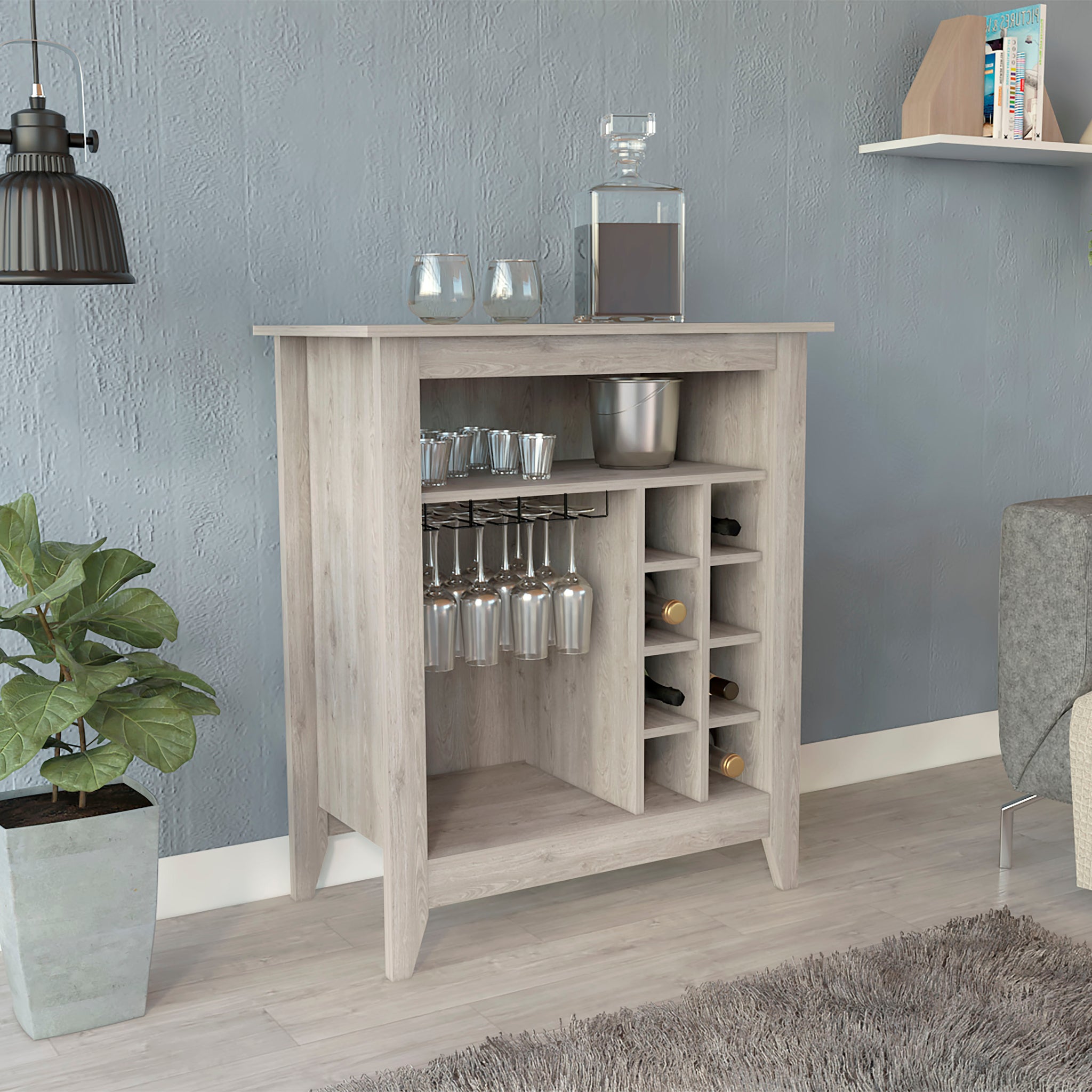 Essential Bar Cabinet, One Open Shelf, Six Built In Wine Rack, One Drawer Light Gray Light Gray Particle Board Particle Board