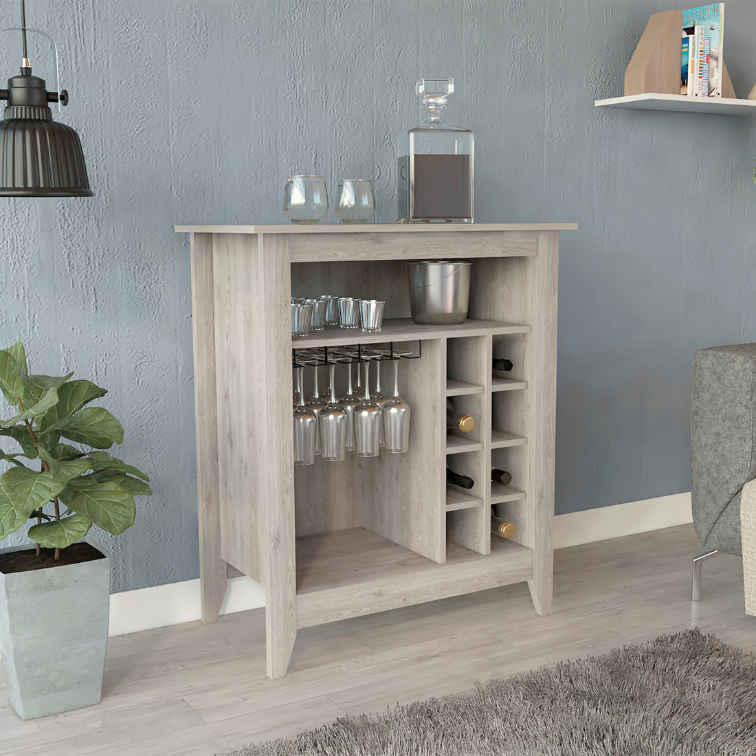 Essential Bar Cabinet, One Open Shelf, Six Built In Wine Rack, One Drawer Light Gray Gray Particle Board Particle Board