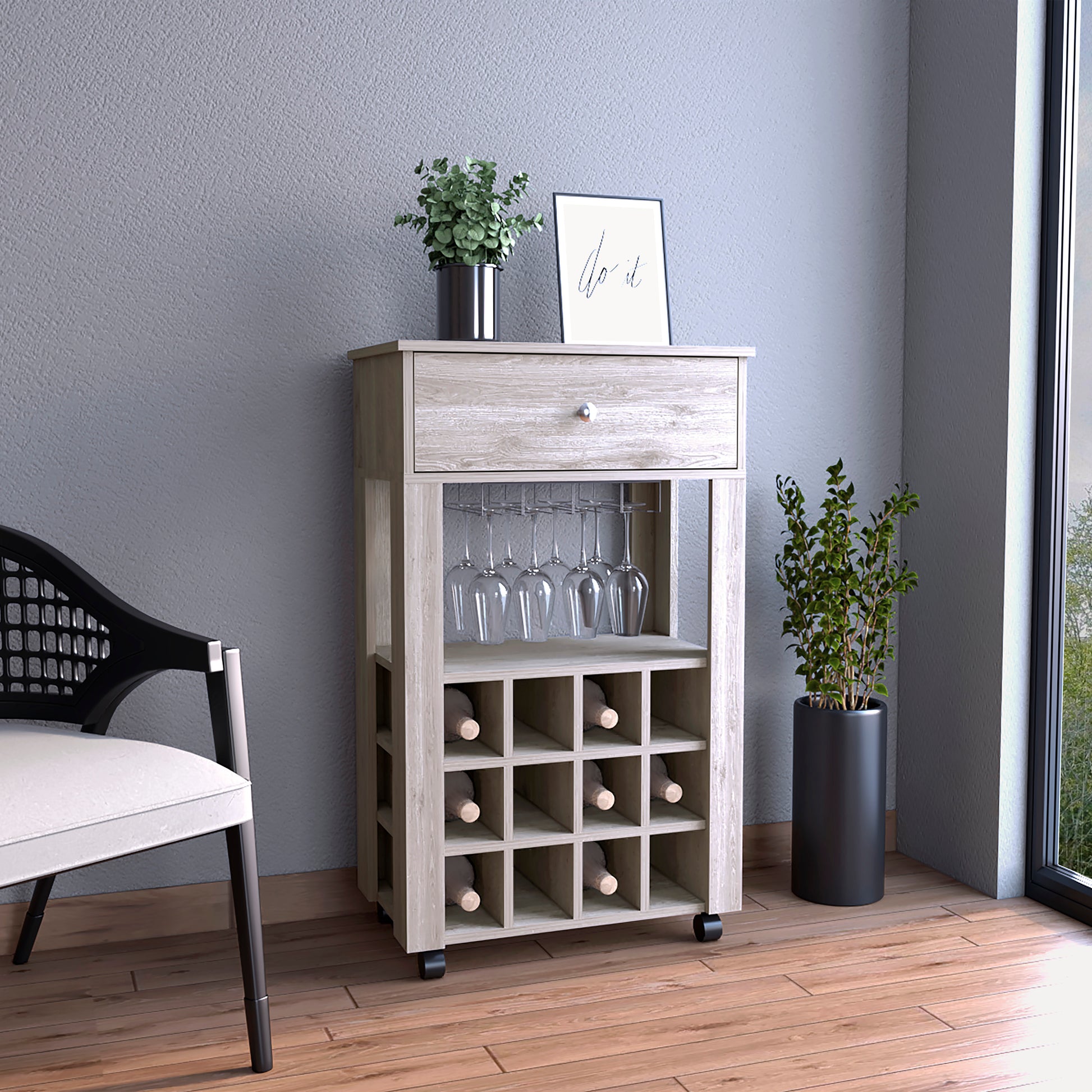 Memphis Bar Cart, Twelve Built In Wine Rack, Four Legs, One Open Shelf Light Gray Gray Particle Board Particle Board