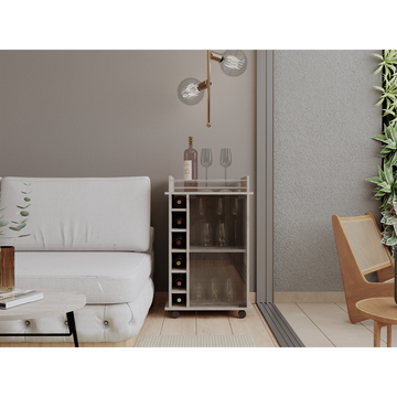 32" H Black Coffee Bar Cart, Kitchen Or Livingroom Storage With 4 Wheels, Division For 6 Bottles, 1 Internal Shelf With Capacity To Store Snacks, Bottles, Liquors Covered By A Glass Door Gray Particle Board Particle Board