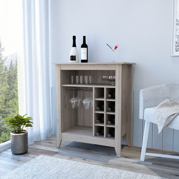 38" H Light Gray Bar Coffee Cart, Kitchen Or Living Room Cabinet Storage, With 8 Bottle Racks, A Central Shelf With 1 Cup Holders, Ideal For Storing Glasses Gray Particle Board Particle Board