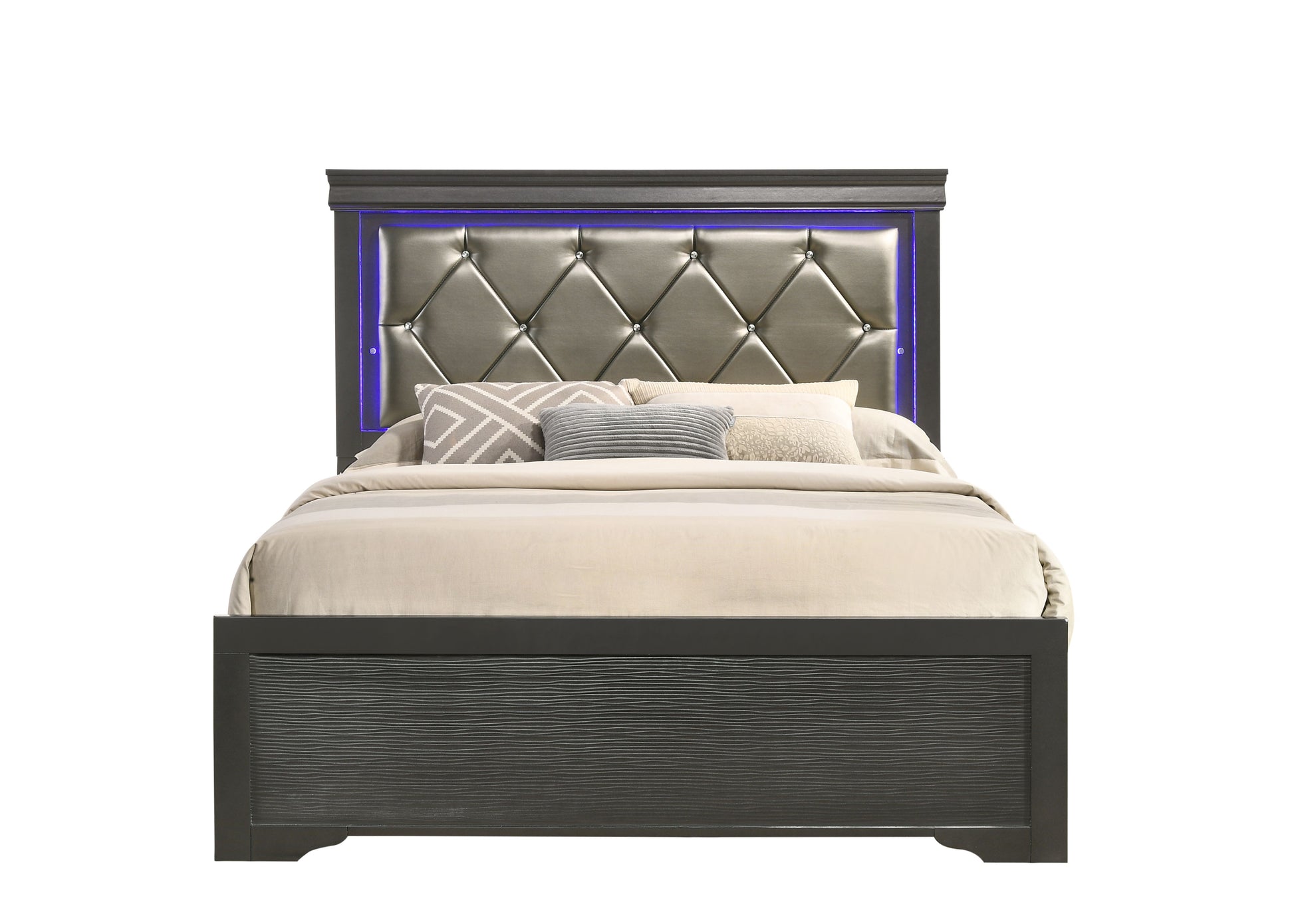 Modern Brooklyn Queen Size Led Bed Made With Wood In Gray Box Spring Required Queen Gray Wood Bedroom Modern Acacia Upholstered Polyester Wood