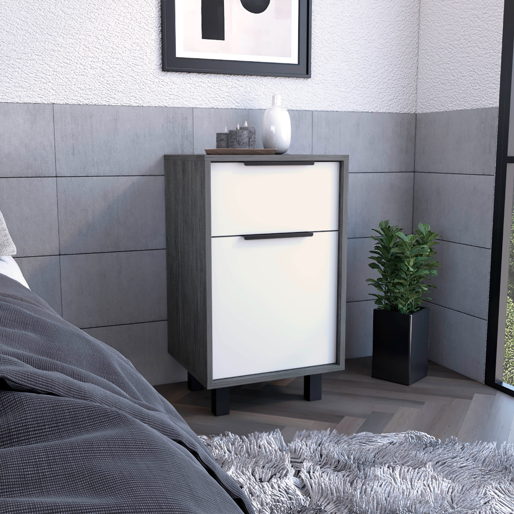 Nightstand 27" H, One Drawer, Storage With Door, Four Legs, Smokey Oak White Multicolor Particle Board Particle Board