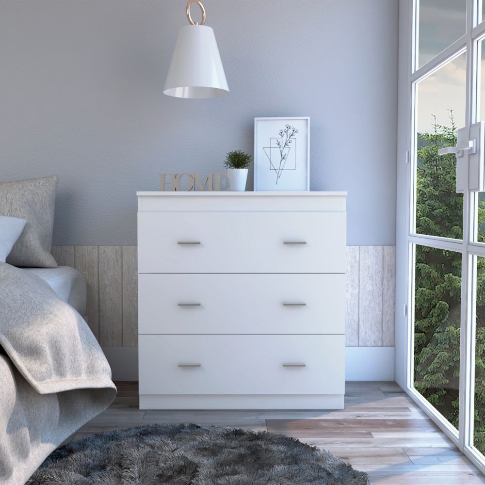 Topaz Three Drawer Dresser, Superior Top, Handles, White White Particle Board Particle Board