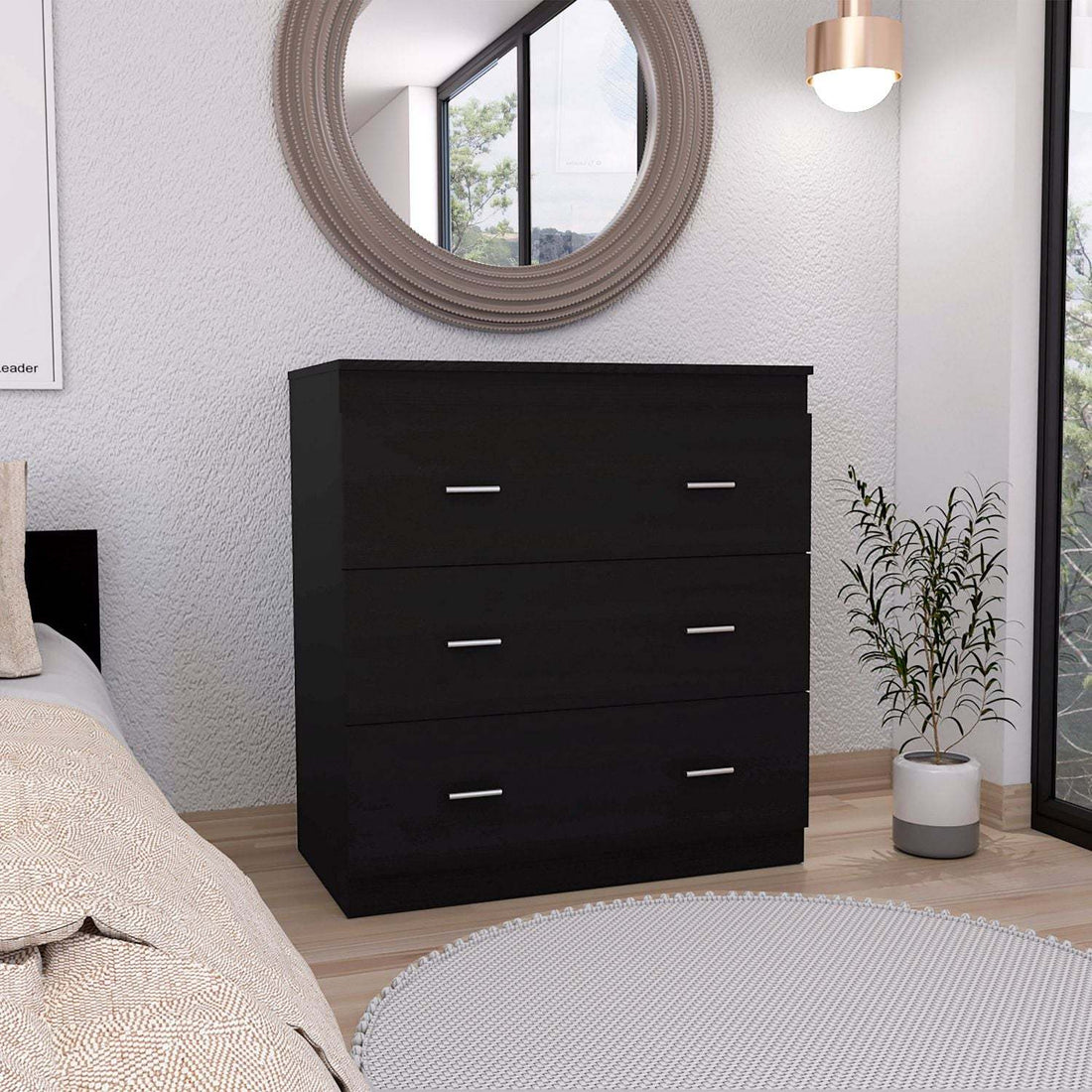 Dresser 33"H, Three Drawer, Superior Top, Metal Handles, White Black Pine Particle Board Engineered Wood