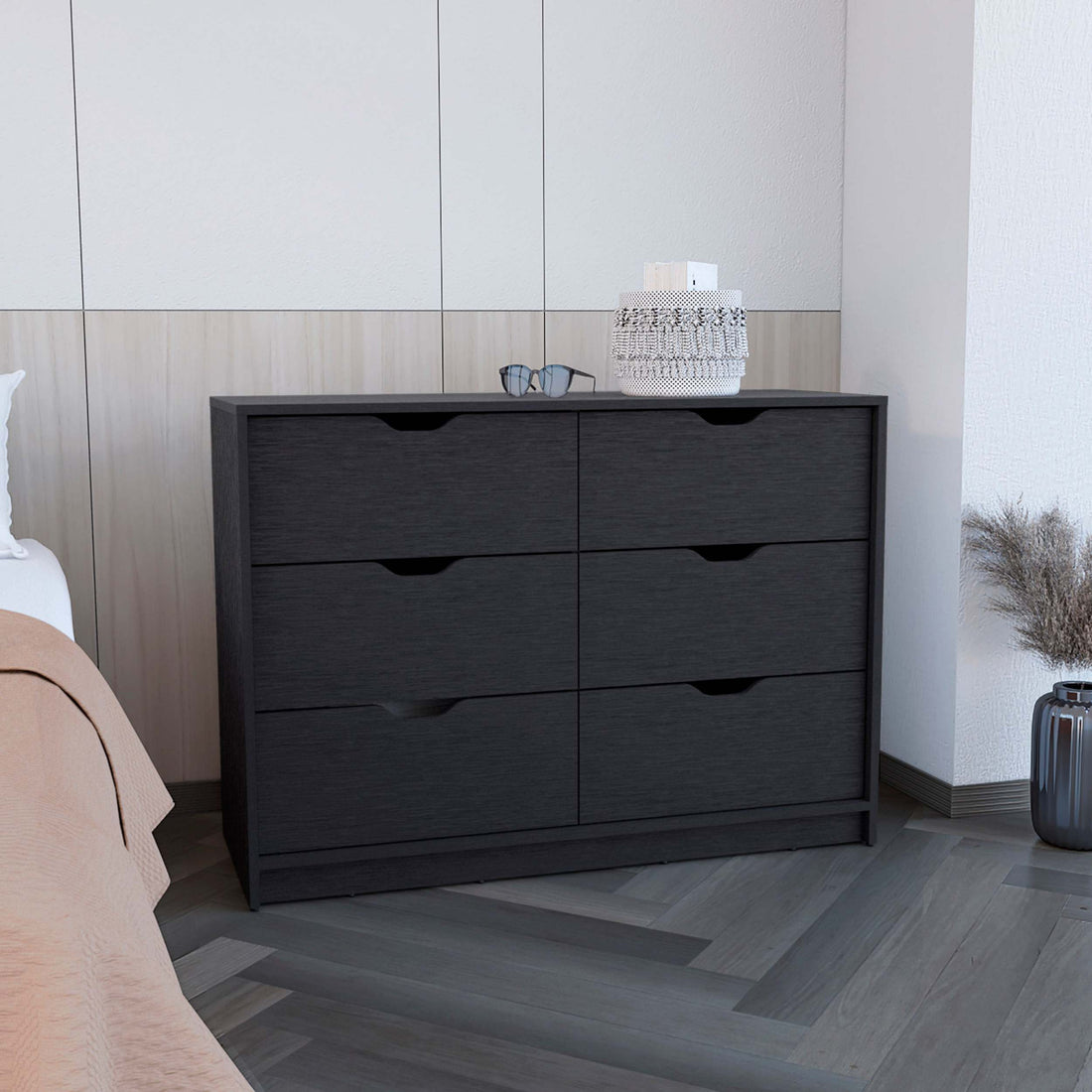 Dresser 30"H, Drawer Dresser With 2 Lower Cabinets, Drawer Chest, Black Black Particle Board Particle Board