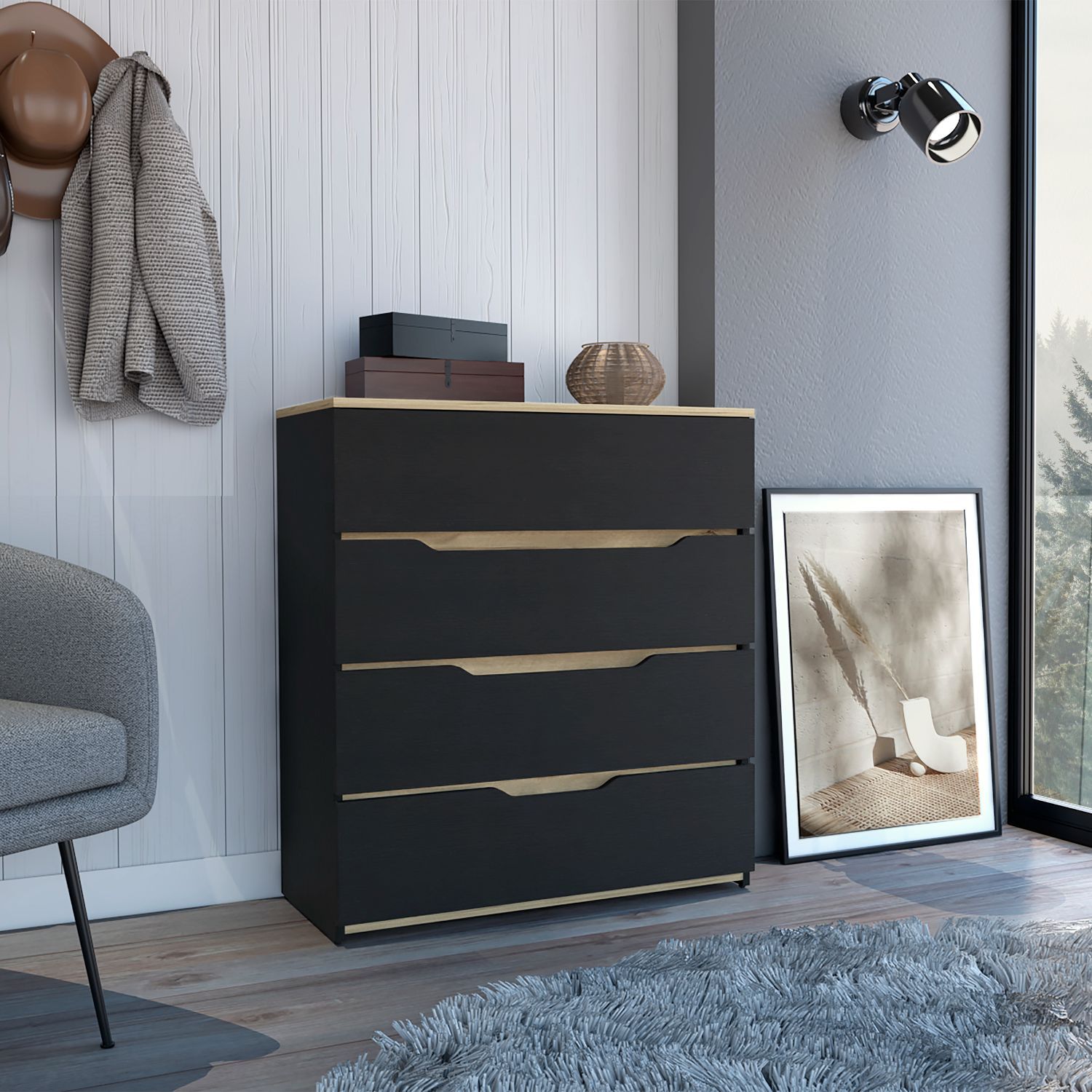 Drawer Dresser 35"H, Four Drawers, Superior Top, Black Light Oak Multicolor Particle Board Particle Board