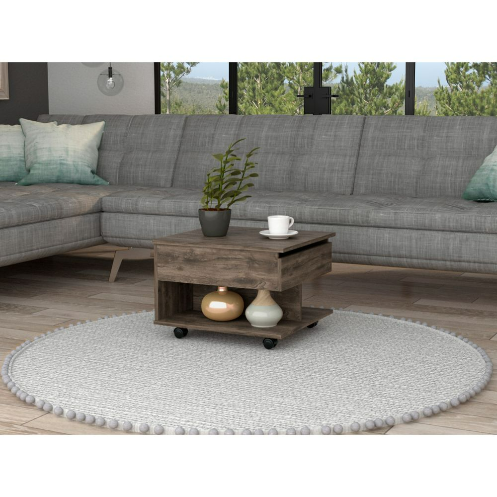 15" H Dark Brown Oak Coffee Table, 4 Brake Wheels, Lifting Top That Allows Storage Inside The Table, 1 Lower Shelf And 1 Vertical Division That Allows You To Decorate With Photos, And Design Books Brown Particle Board Particle Board