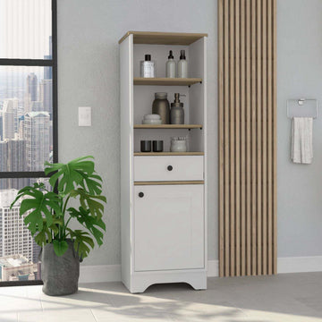 Linen Single Door Cabinet 55" H, Three External Shelves, One Drawer, Two Interior Shelves, Light Oak White Multicolor Particle Board Particle Board