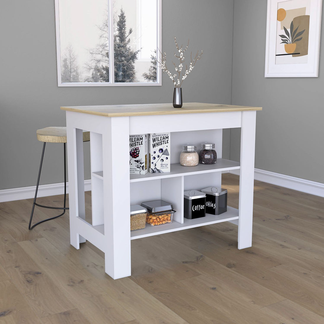 Kitchen Island, Kitchen Table 35" H, Four Legs, Three Open Storage Shelves, White Light Oak Multicolor Particle Board Particle Board