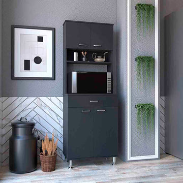 Pantry Cabinet 67" H, Four Doors, One Drawer, Three Internal Shelves, 2 External Storage Shelves, Microwave Storage Option, Four Legs, Black Black Particle Board Particle Board