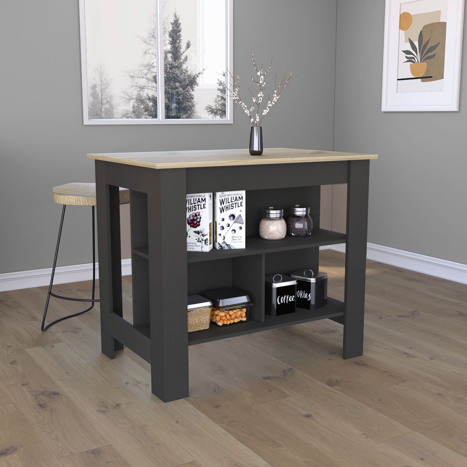 Kitchen Island, Kitchen Table 35" H, Four Legs, Three Open Storage Shelves, Black Light Oak Multicolor Particle Board Particle Board