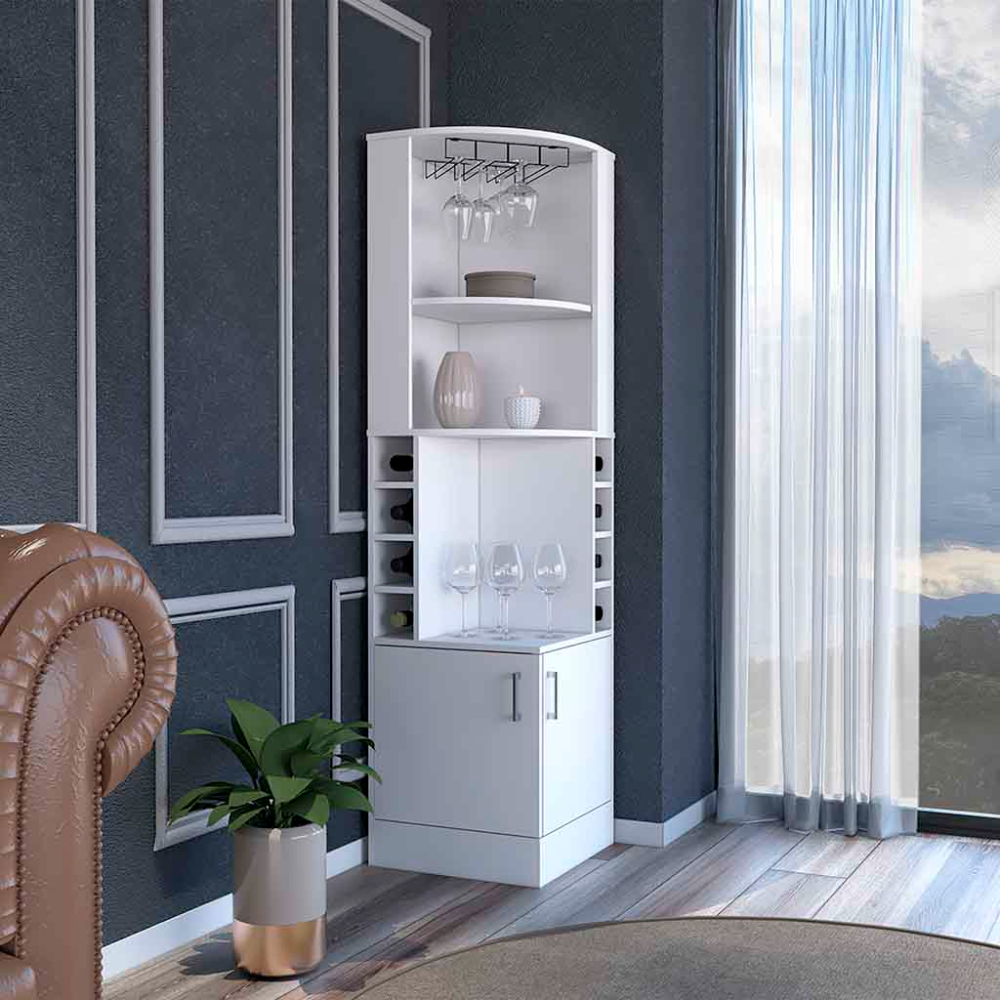 Corner Bar Cabinet 71" H, With Two Shelves At The Top, 1 Glass Holder, 8 Exterior Bottle Racks, 1 Central Shelf And A Lower Drawer With 2 Side Doors, White White Particle Board Particle Board