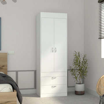 Armoire 70H", Double Door Cabinet, Two Drawers, Metal Handles, Rod, White White Particle Board Particle Board
