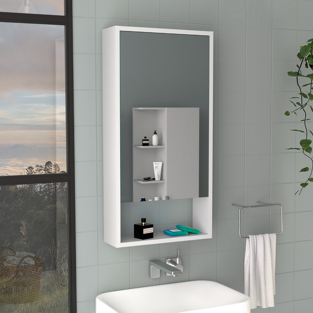 Medicine 35H" Single Door Cabinet, Two Interior Shelves, One External Shelf, White White Particle Board Particle Board