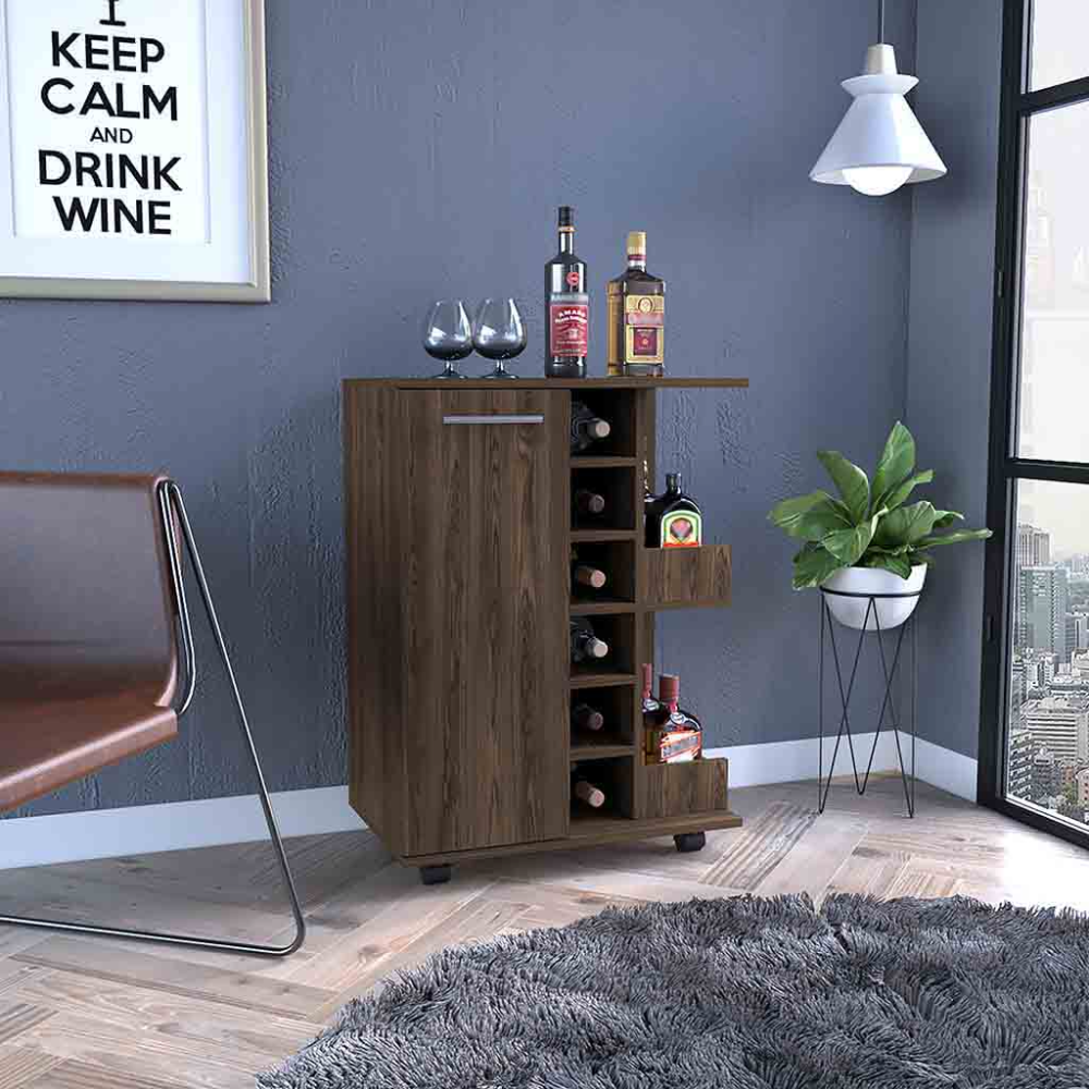 Bar Cart, Four Casters, Single Door Cabinet, Two External Shelves, Dark Walnut Brown Particle Board Particle Board