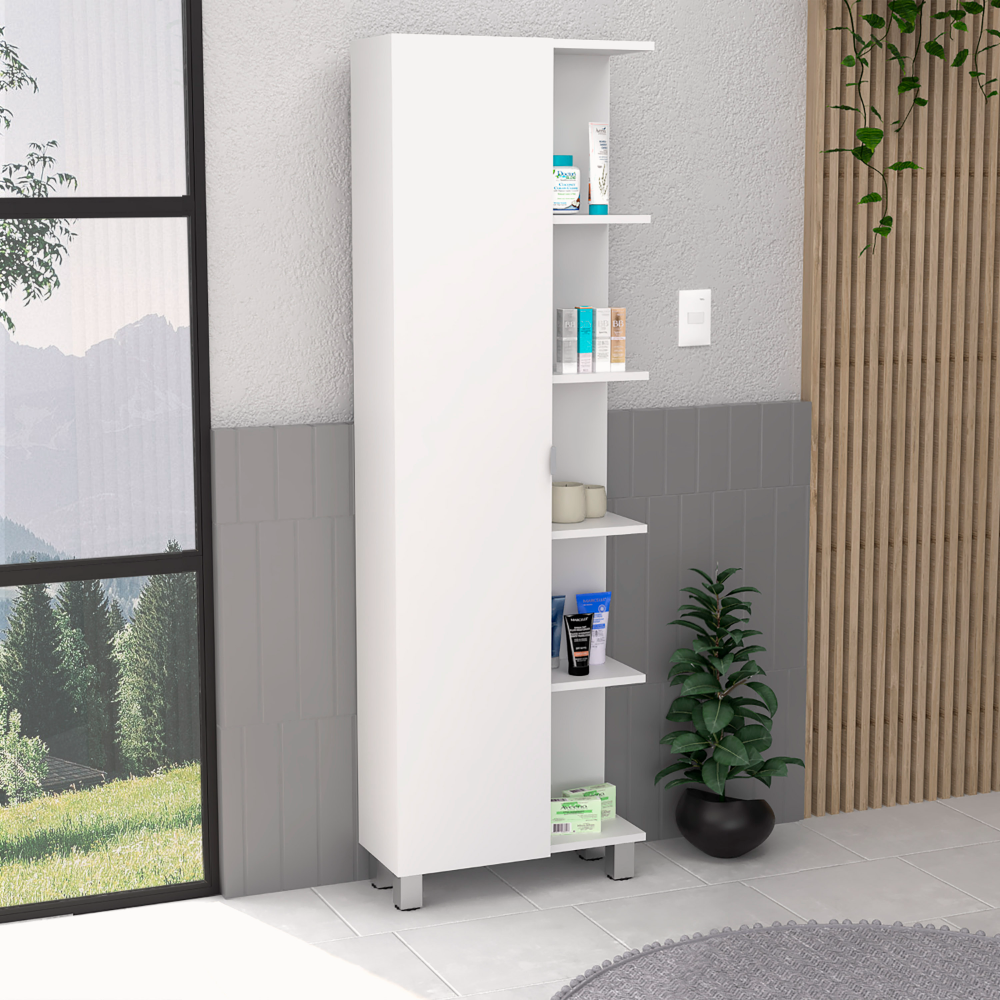 Linen Single Door Cabinet 62" H, Five External Shelves, Four Interior Shelves, White White Particle Board Particle Board