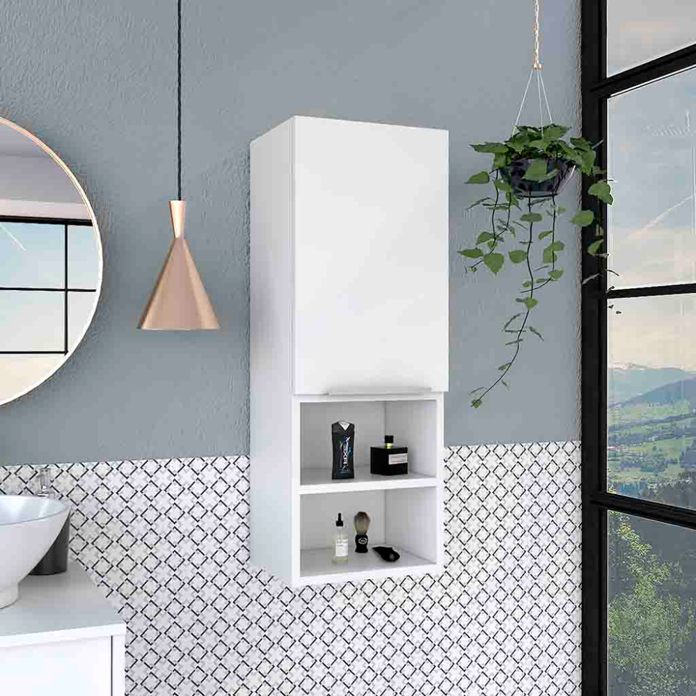 Medicine Single Door Cabinet 32" H, Two Interior Shelves, Two External Shelves, White White Particle Board Particle Board