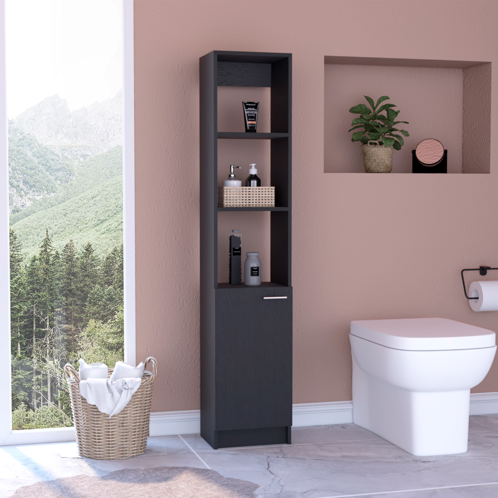 64H" Linen Single Door Cabinet, Three External Shelves, Two Interior Shelves And Metal Handle, Black Black Particle Board Particle Board