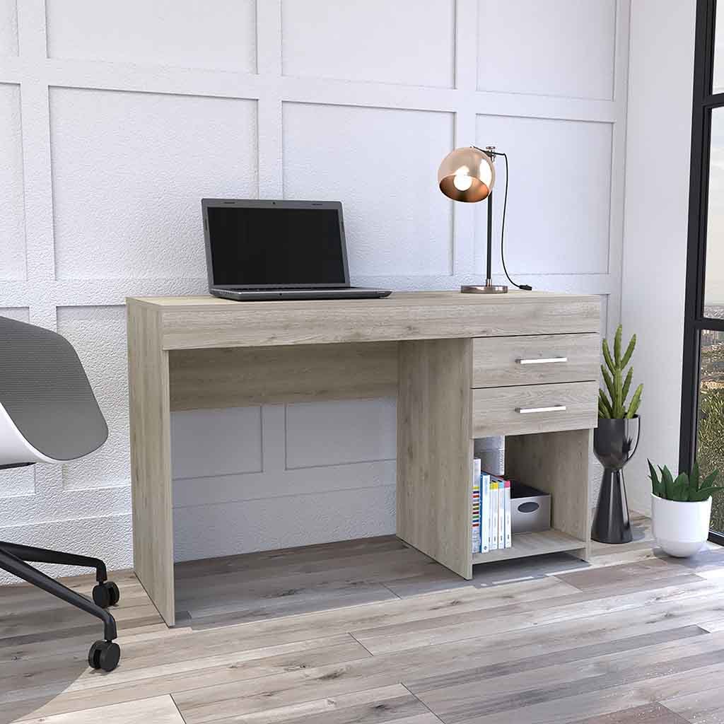Maui 2 Drawers Computer Desk, One Lower Shelf, Light Gray Gray Particle Board Particle Board