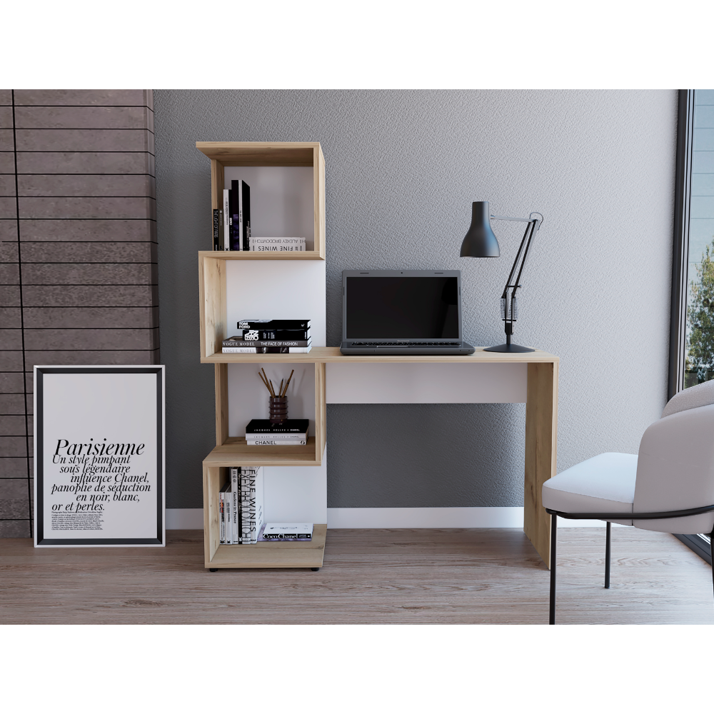 Desk With Bookcase And 4 Storage Shelves, Light Oak White Multicolor Particle Board Particle Board