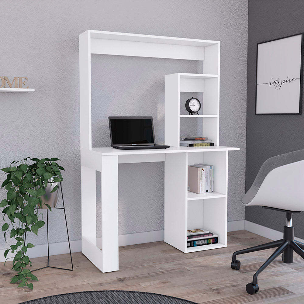 Writing Computer Desk With Storage Shelves And Hutch, White White Particle Board Particle Board