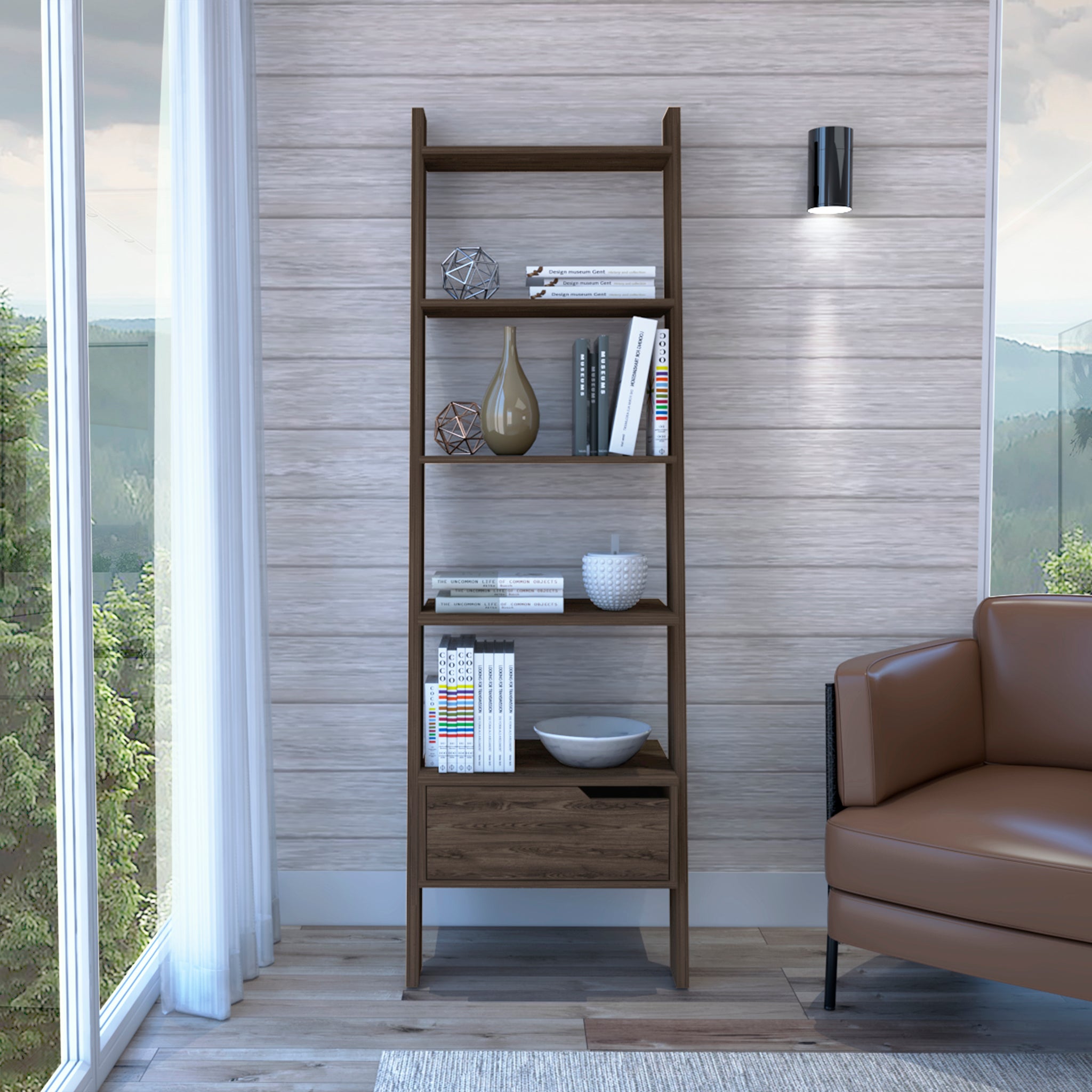 Oslo Ladder Bookcase, Four Legs, One Drawer, Five Open Shelves Dark Walnut Brown Particle Board Particle Board