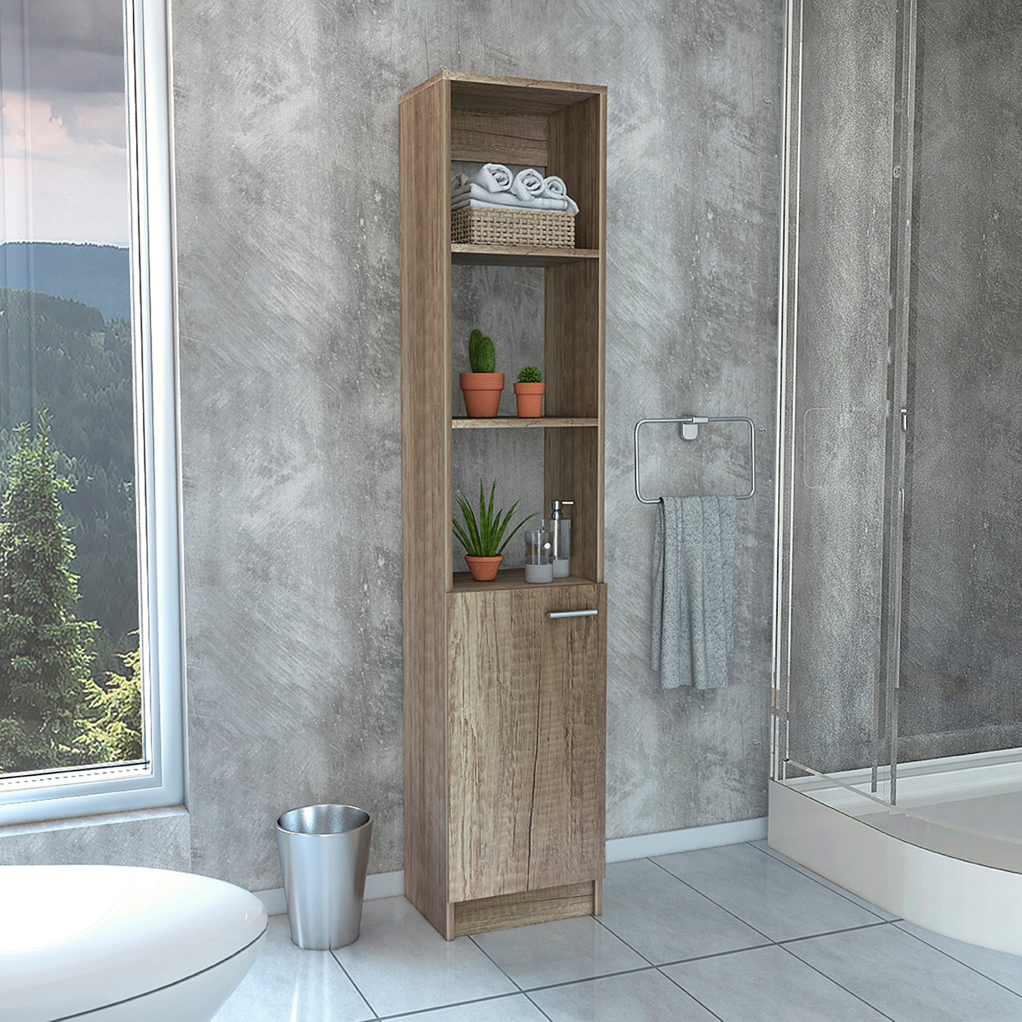 Malaga Linen Cabinet, Two Interior Shelves, Three External Shelves, Single Door Pine Beige 1 5 Bathroom Freestanding Modern Particle Board Particle Board