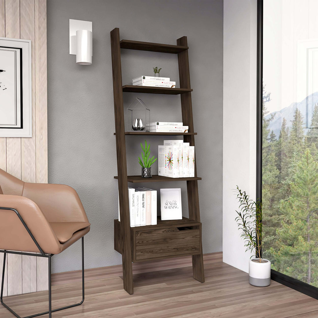 Kobe Ladder Bookcase, One Drawer, Five Open Shelves, Dark Walnut Brown Particle Board Particle Board