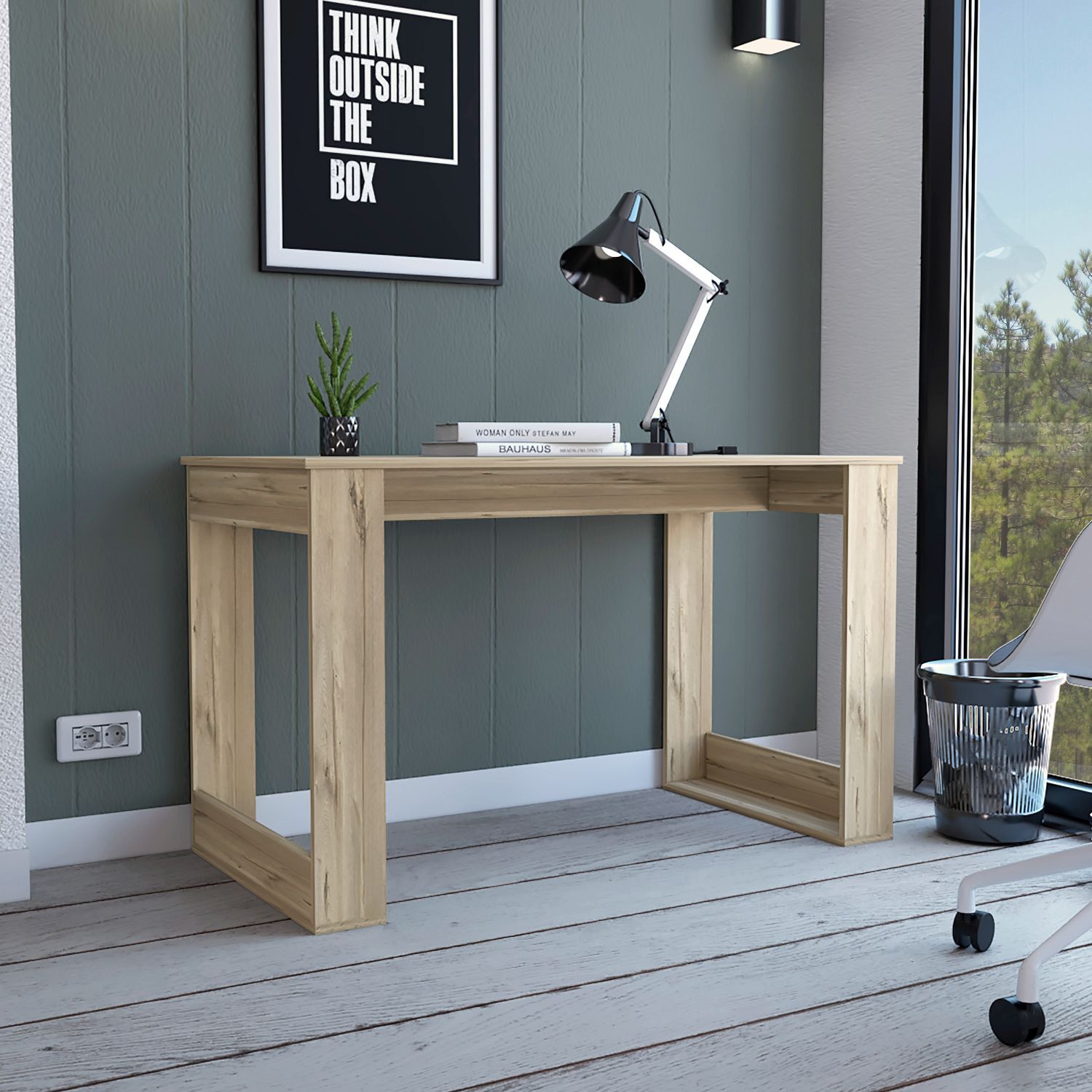 Melb Writing Desk With Large Workstation And Sturdy Legs, Light Oak Beige Particle Board Particle Board