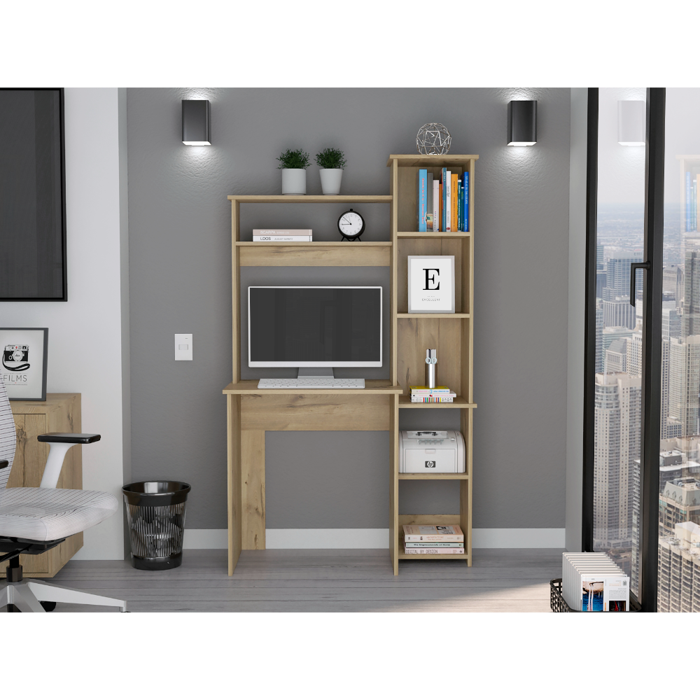 Desk, Five Shelves, Two Superior Shelves, Light Oak Beige Particle Board Particle Board