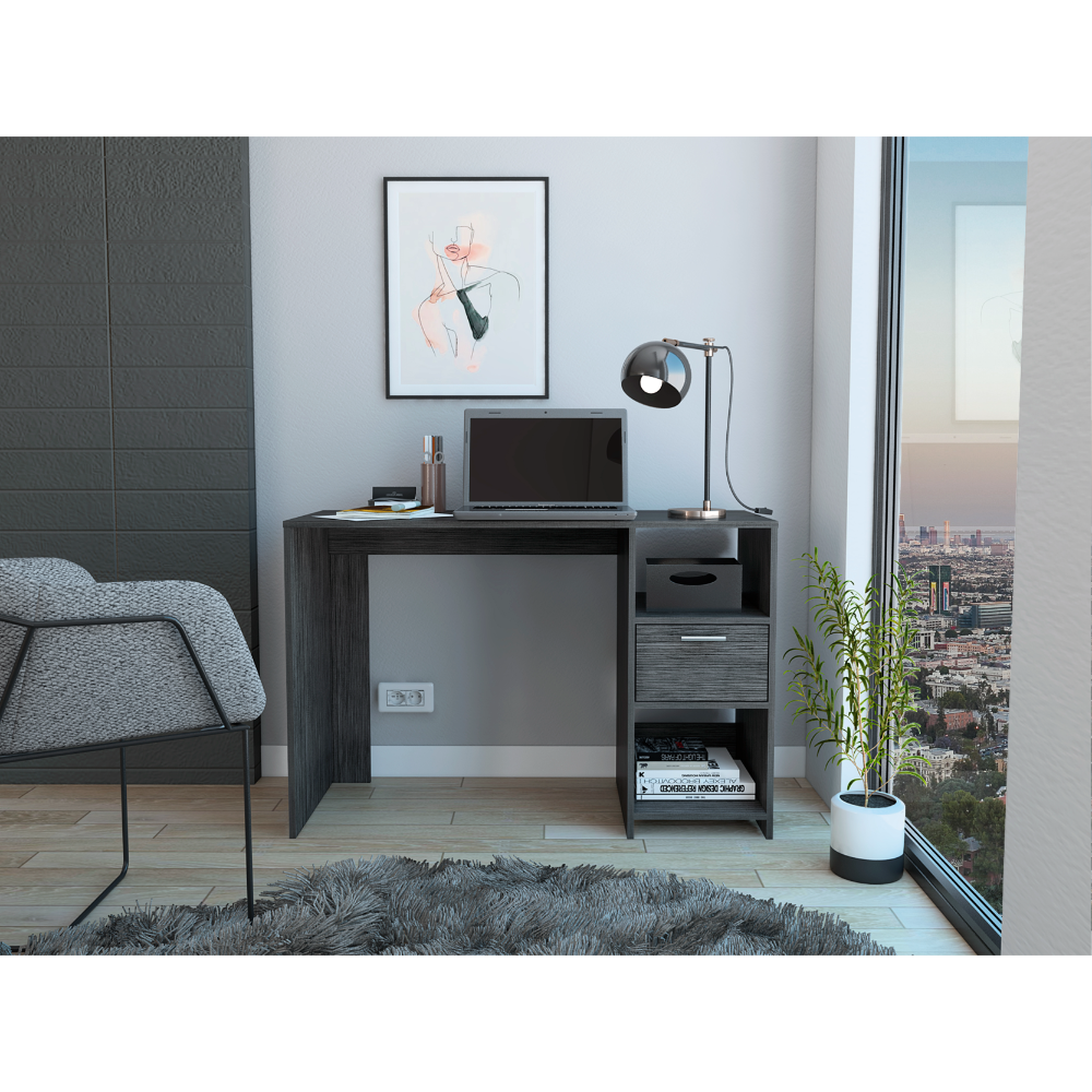 Computer Desk With 1 Drawer And 2 Open Storage Shelves, Smokey Oak Gray Particle Board Particle Board