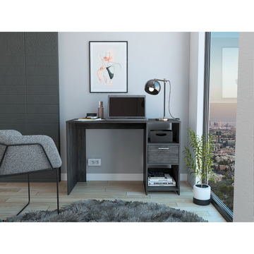 Computer Desk With 1 Drawer And 2 Open Storage Shelves, Smokey Oak Gray Particle Board Particle Board